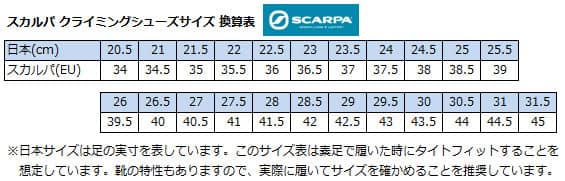 SCARPA(スカルパ) クライミングシューズ サイズ表